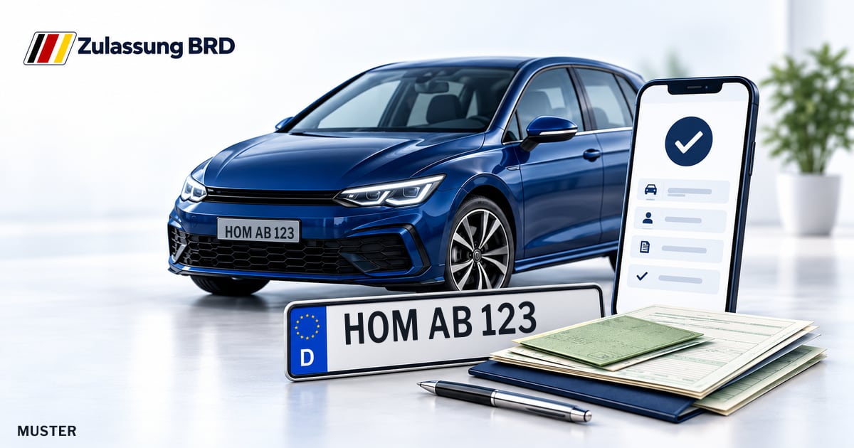 Online Fahrzeugzulassung in Blieskastel: Musterkennzeichen HOM AB 123, Auto und Fahrzeugpapiere und Smartphone. Illustration mit Logo von Zulassung BRD.